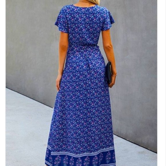 RESTOCKED Blue Flutter Floral Wrap Boho Maxi Dress - Picture 2 of 2
